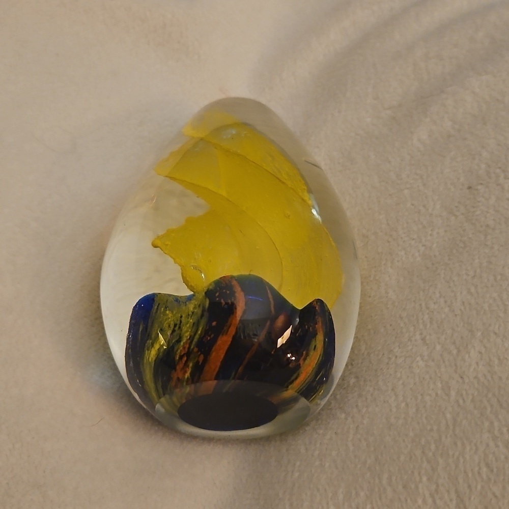 Vintage Yellow Swirl and Blue Art Glass Egg Shape Paperweight Decor - Picture 5 of 6